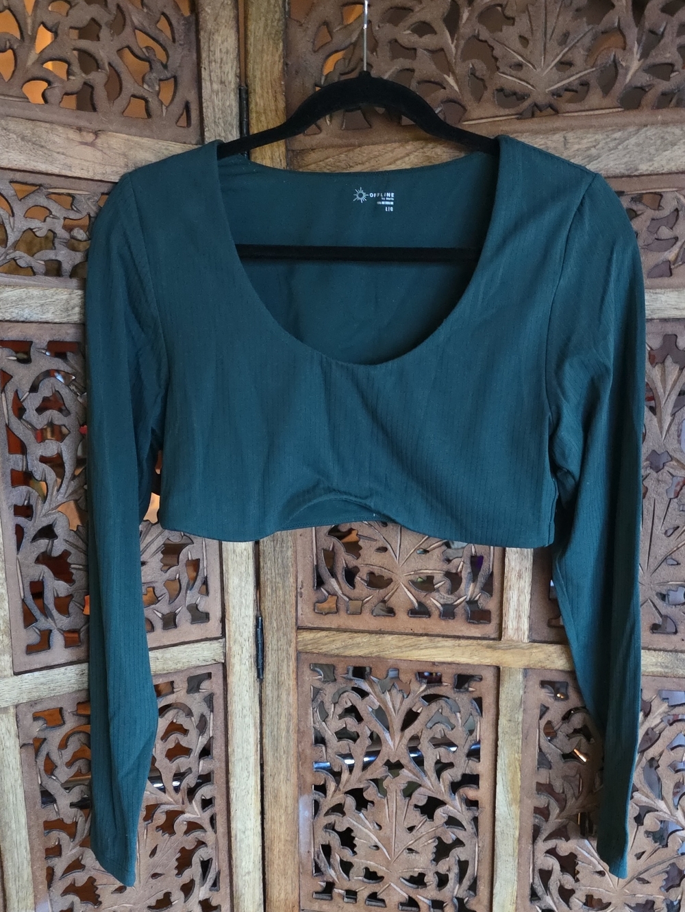 Cropped Ribbed Long Sleeve Scoop Top in Deep Teal
